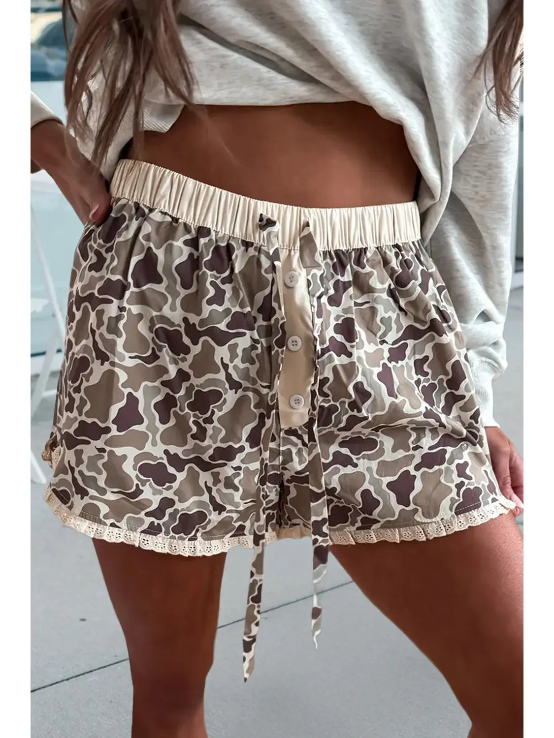 Camo Print Ruffle Hem Drawstring Shorts