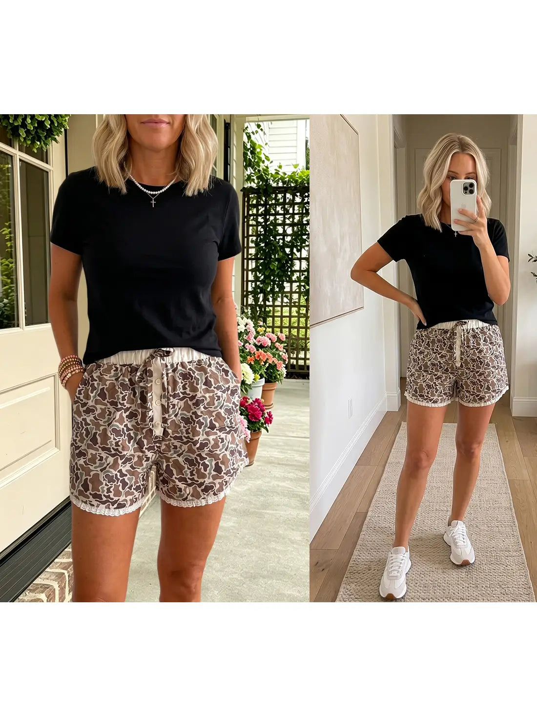 Camo Print Ruffle Hem Drawstring Shorts