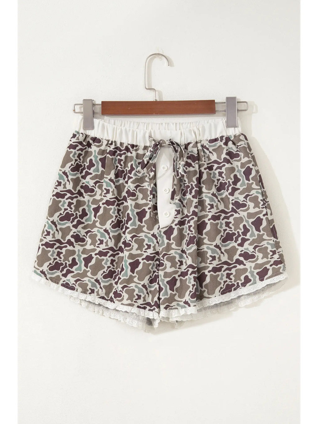 Camo Print Ruffle Hem Drawstring Shorts